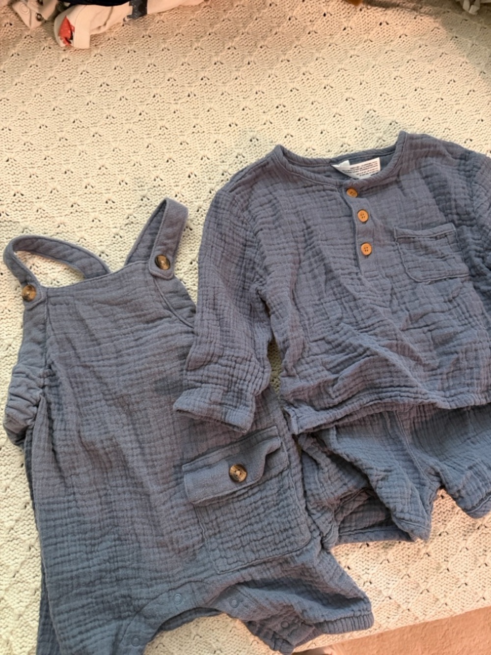 Blue Muslin Baby Overalls with Pocket Detail and Matching Set